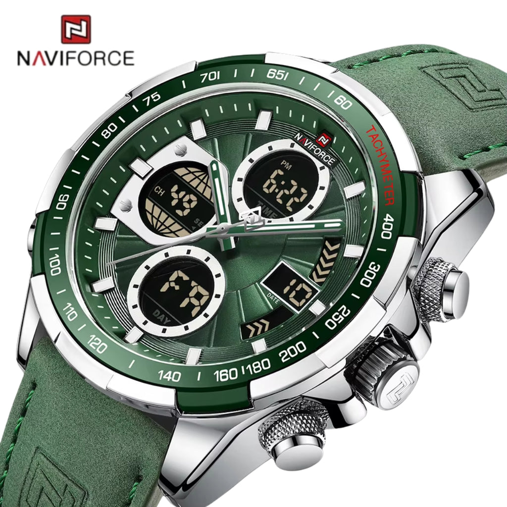 NAVIFORCE 9197 Men’s Dual-Display Watch – Luxury Analog-Digital Chronograph with Alarm & Waterproof Green