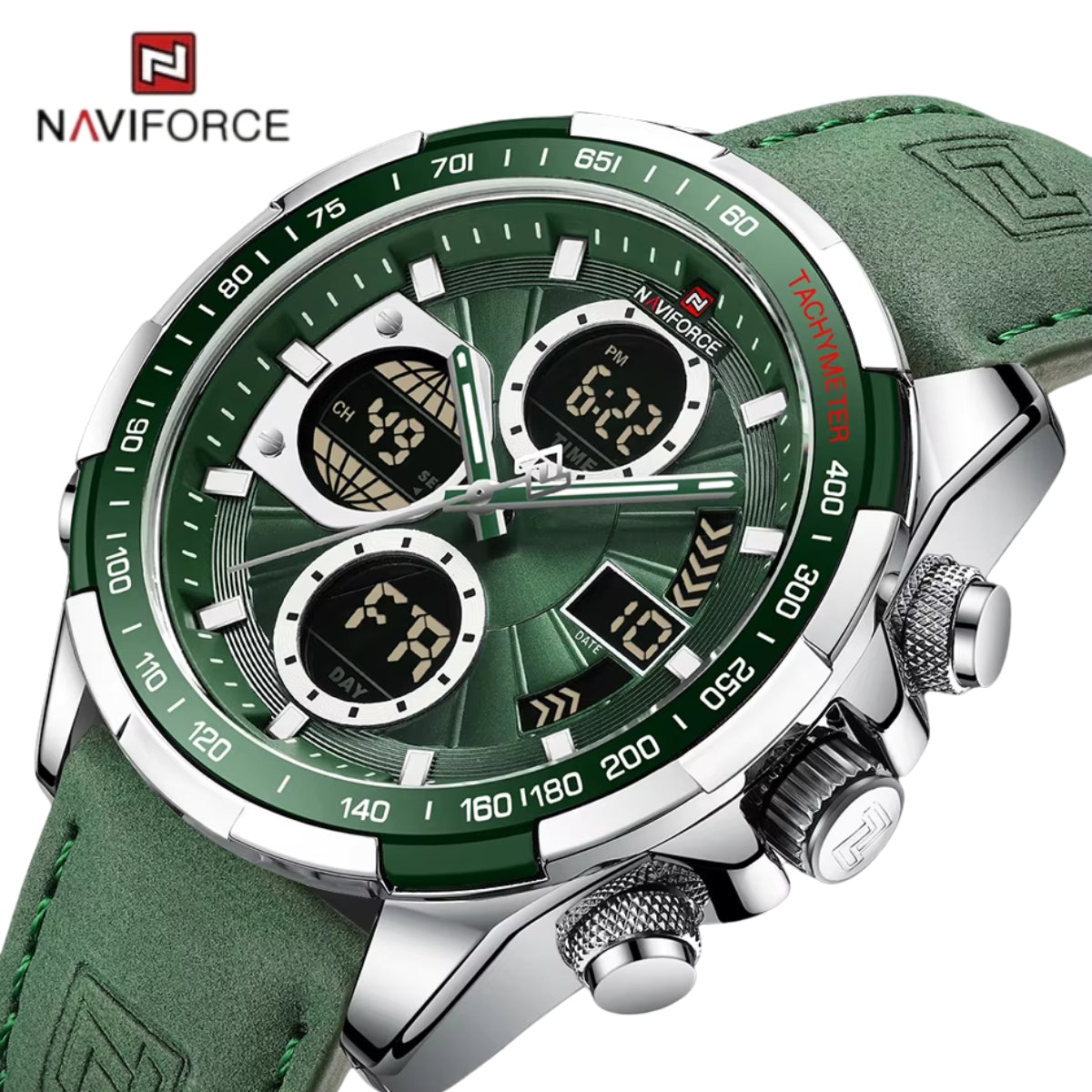 NAVIFORCE 9197 Men’s Dual-Display Watch – Luxury Analog-Digital Chronograph with Alarm & Waterproof Green