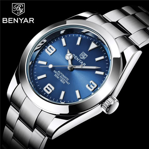 BENYAR 5177 Men’s Automatic Mechanical Watch - Blue Dial Stainless Steel Strap