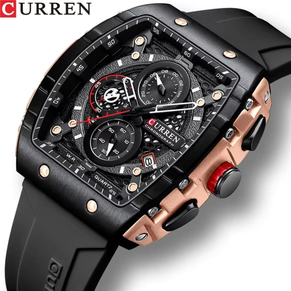 CURREN 8442 Tonneau Dial Sport Watch for Men Waterproof Quartz Black Silicone Strap