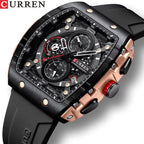 CURREN 8442 Tonneau Dial Sport Watch for Men Waterproof Quartz Black Silicone Strap