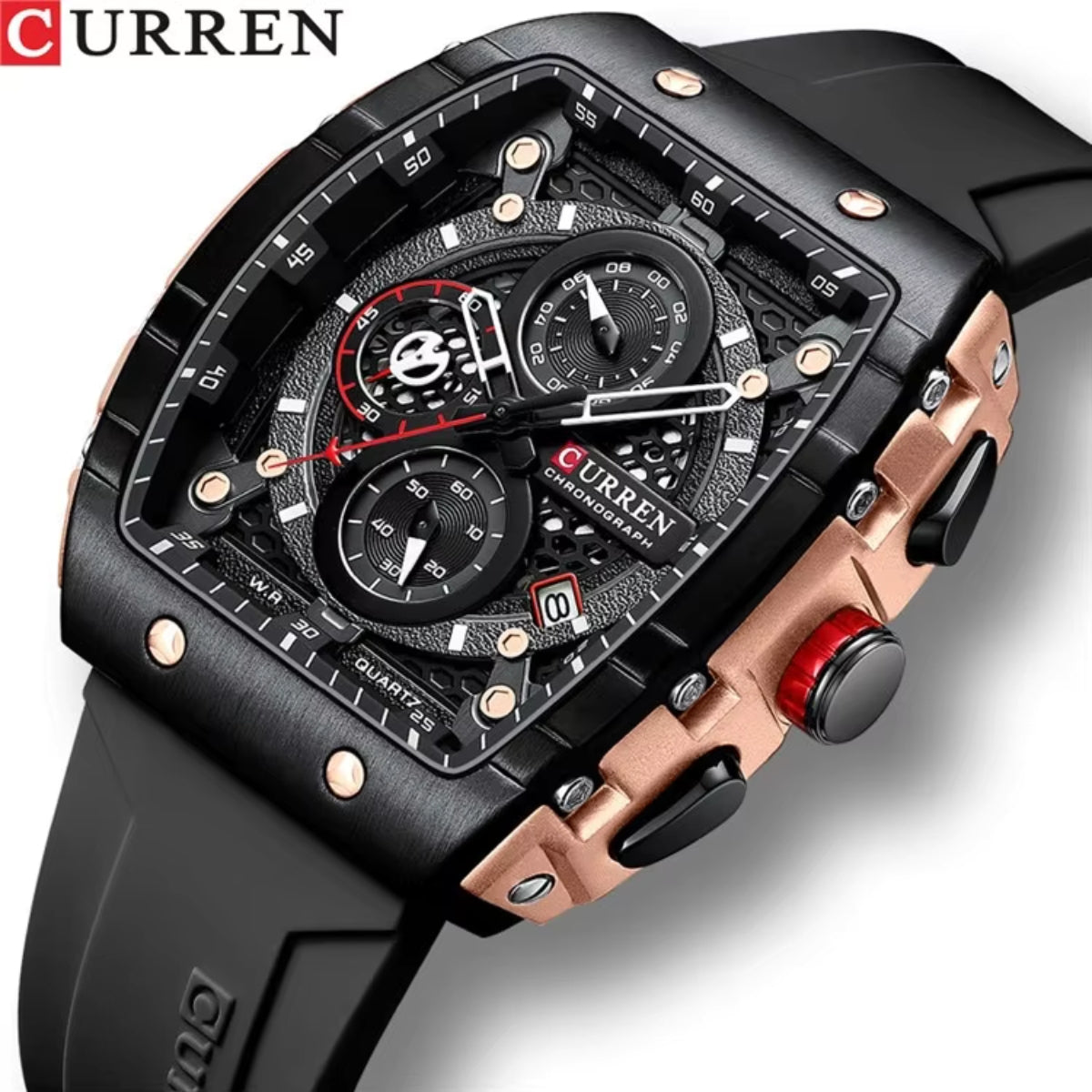 CURREN 8442 Tonneau Dial Sport Watch for Men Waterproof Quartz Black Silicone Strap