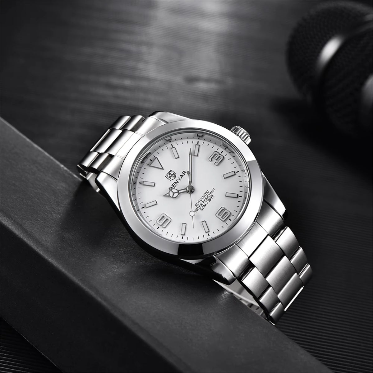 BENYAR 5177 Men’s Automatic Mechanical Watch - White Dial Stainless Steel Strap