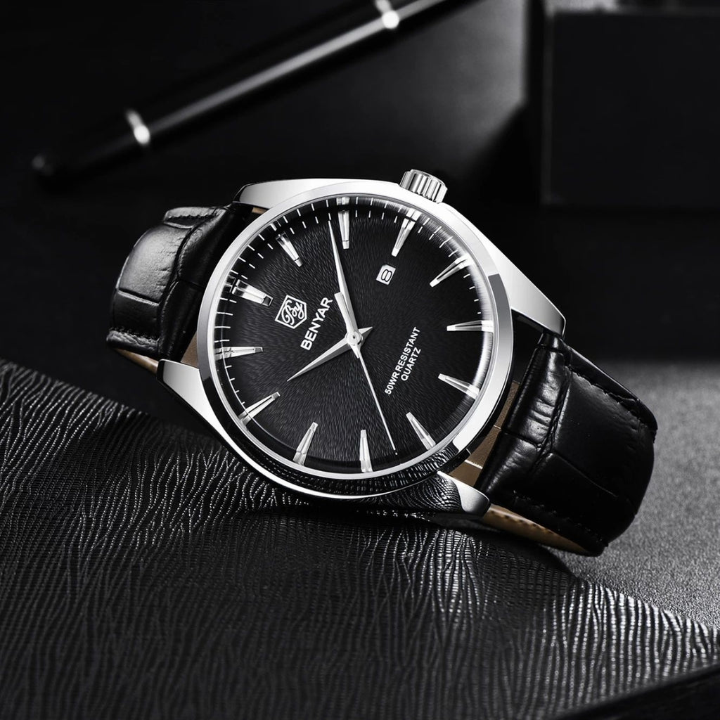 Benyar 5163 Men’s Minimalist Watch – Black Leather Strap & Black Dial