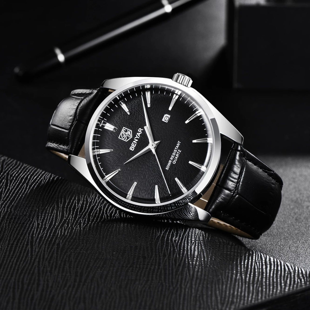 Benyar 5163 Men’s Minimalist Watch – Black Leather Strap & Black Dial