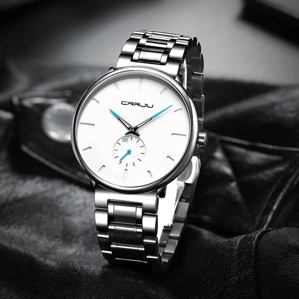 CRRJU 2150 Luxury Quartz Watch – Premium Stainless Steel Band, Casual Black Wristwatch for Men White