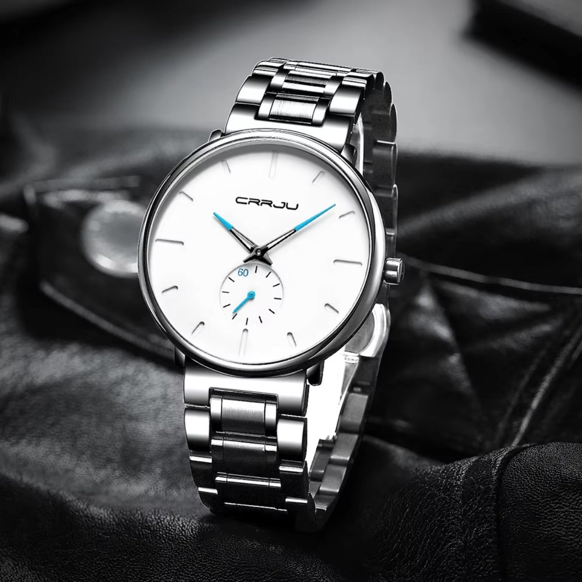 CRRJU 2150 Luxury Quartz Watch – Premium Stainless Steel Band, Casual Black Wristwatch for Men White