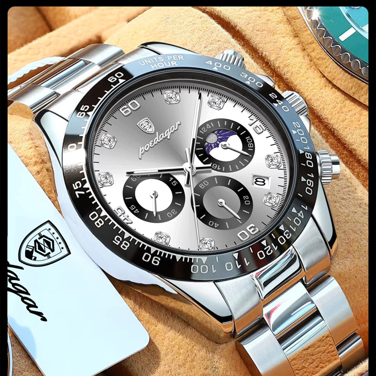 POEDAGAR 629 Men’s Luxury Sport Watch – Stainless Steel Chronograph Quartz with Luminous Date & Waterproof Silver