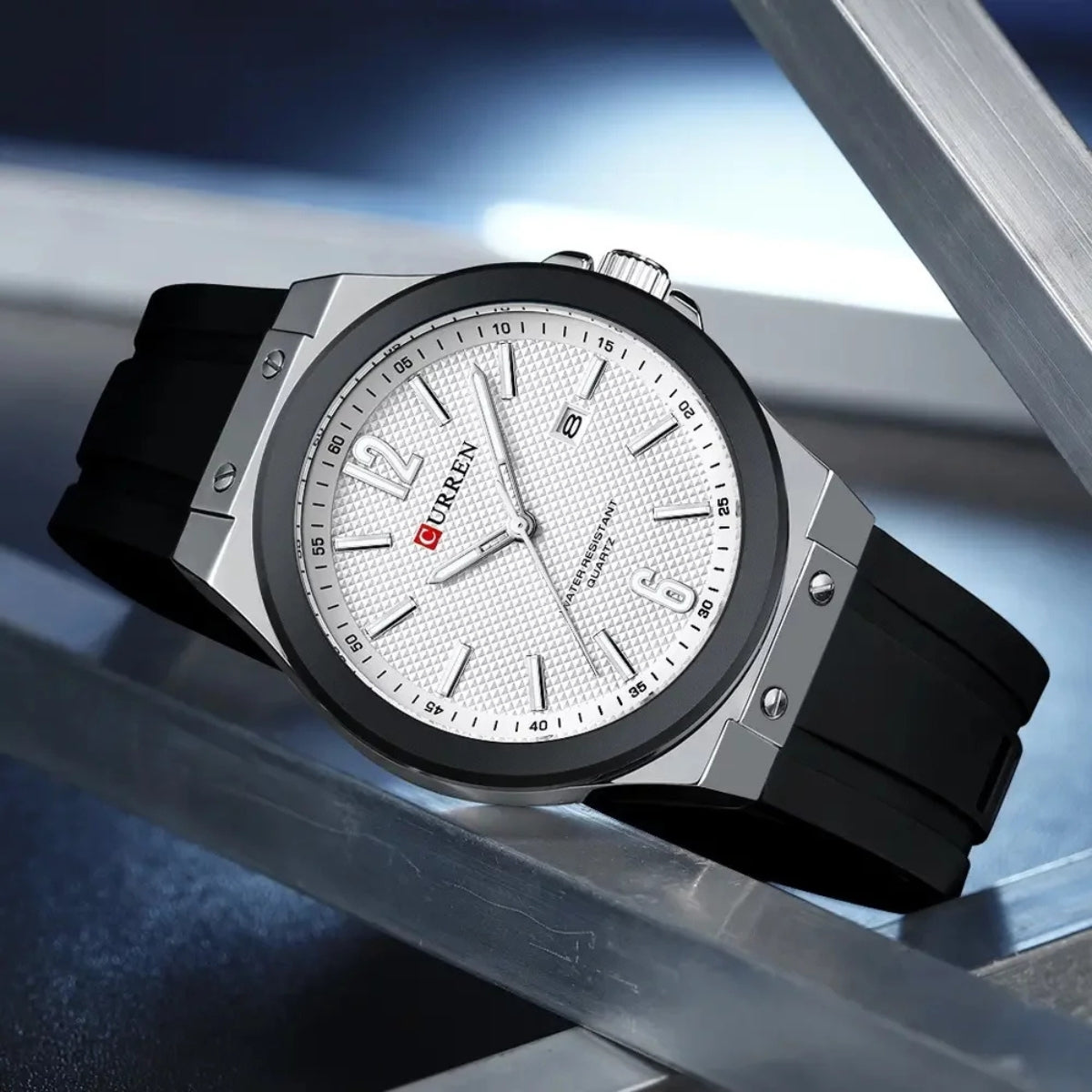 CURREN 8467 Men Watch Waterproof Quartz Silicone Strap Black and White