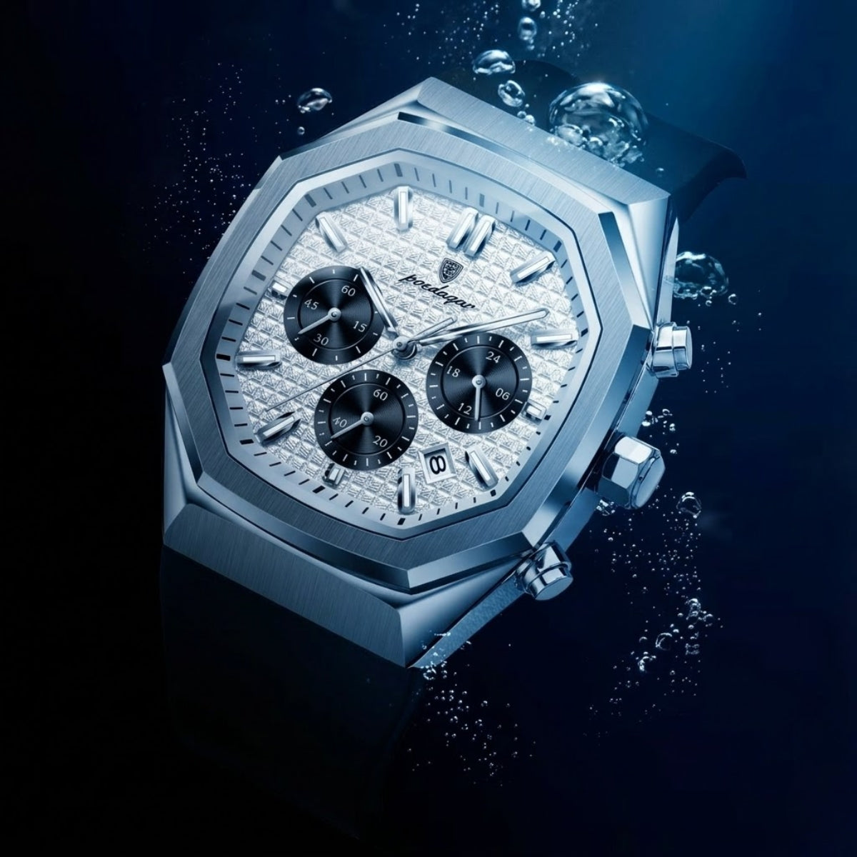 POEDAGAR 893 Elite Sports: Luxury Men’s Chronograph – High-Performance Silicone Strap, Waterproof & Luminous Quartz Movement Silver