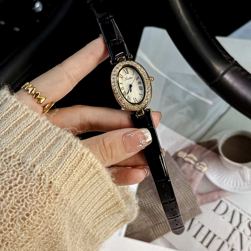 Scottie 9780 Women’s High-End Oval Watch – Elegant Leather Quartz Wristwatch for - Black and Gold