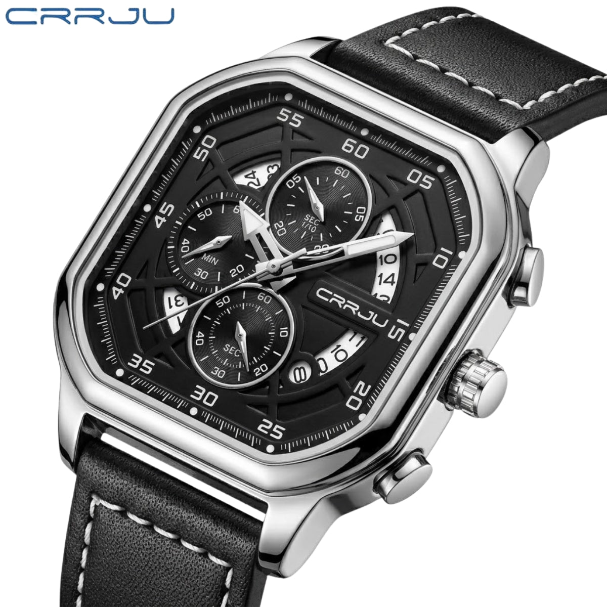 CRRJU 2314 Men’s Luxury Chronograph Watch – 3ATM Waterproof, Luminous Hands, Complete Calendar, Fashion Wristwatch Black Silver