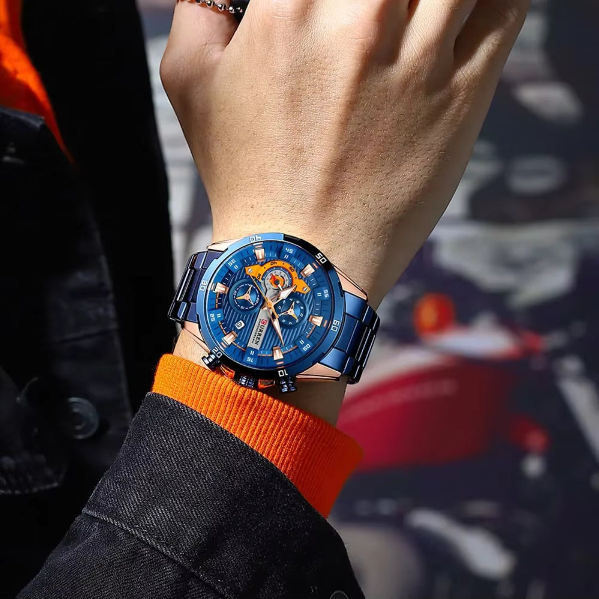CURREN 8402 Men Watch Quartz Stainless Steel Chronograph Waterproof Wrist Watch Luminous Sport Blue Dial
