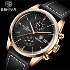 BENYAR 5187 Men’s Luxury Quartz Watch – Leather Band with Chronograph - Gold and Black