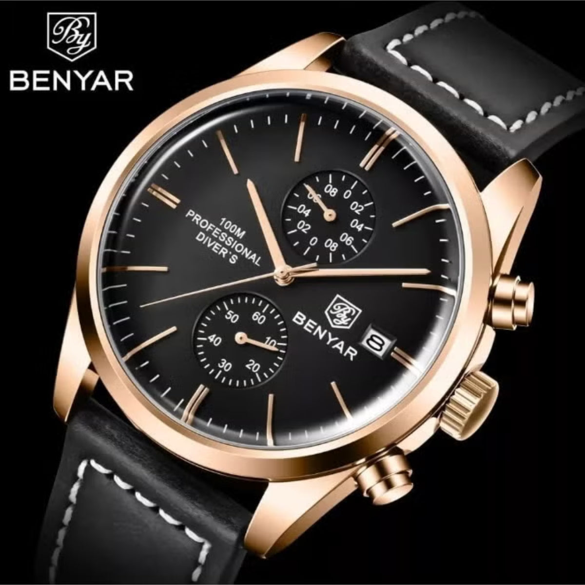 BENYAR 5187 Men’s Luxury Quartz Watch – Leather Band with Chronograph - Gold and Black