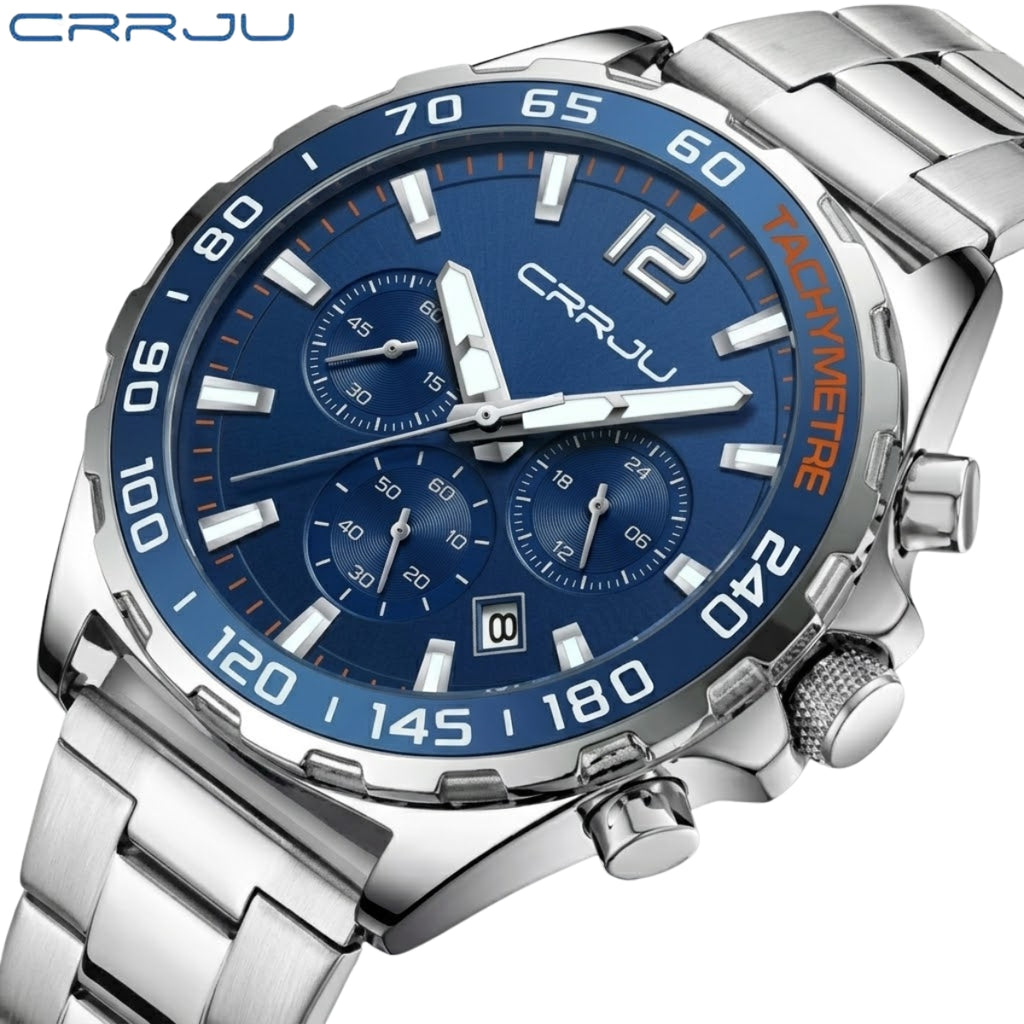 CRRJU 2299 Luxury Chronograph Watch – Premium Stainless Steel Bracelet, Elegant Business Wristwatch for Men Blue Silver