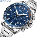 CRRJU 2299 Luxury Chronograph Watch – Premium Stainless Steel Bracelet, Elegant Business Wristwatch for Men Blue Silver