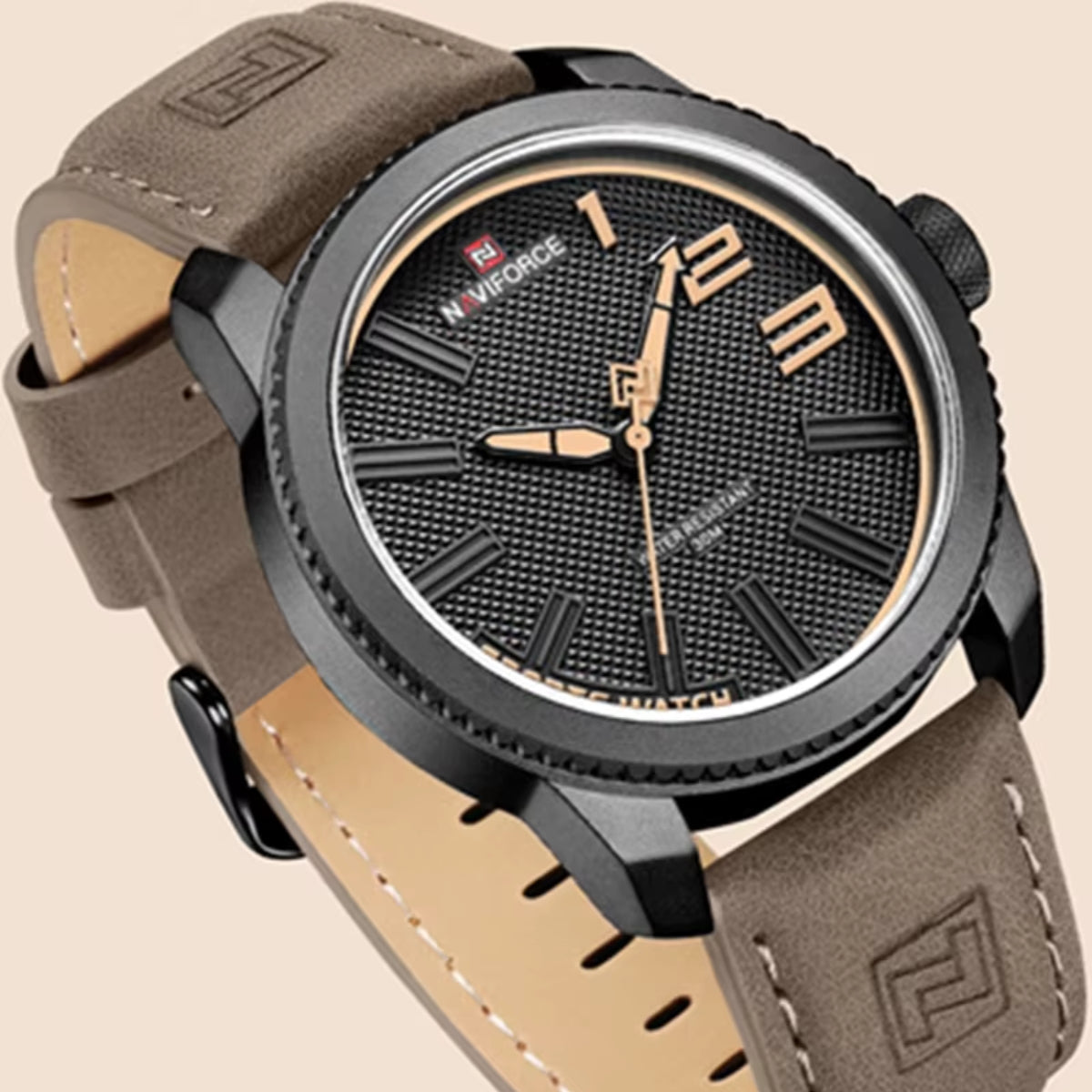 NAVIFORCE 9202L Men’s Fashion Quartz Watch – Waterproof Analog Sport Wristwatch with Leather Strap & Date Black and Brown