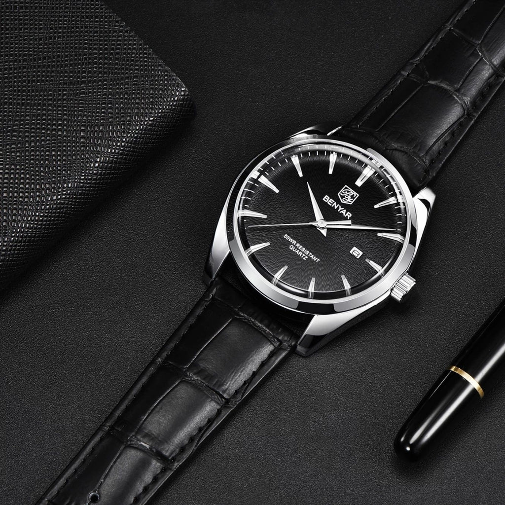 Benyar 5163 Men’s Minimalist Watch – Black Leather Strap & Black Dial