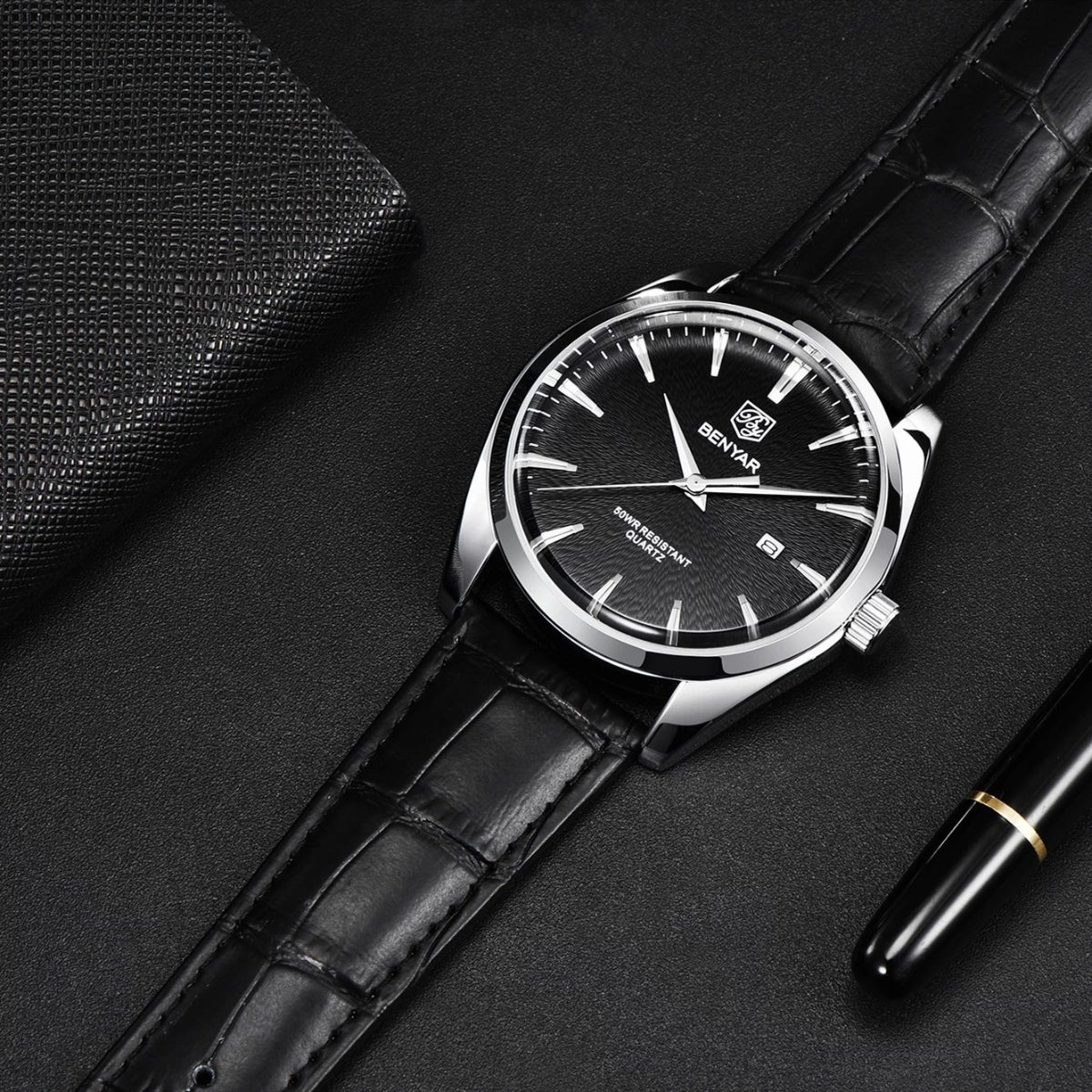 Benyar 5163 Men’s Minimalist Watch – Black Leather Strap & Black Dial