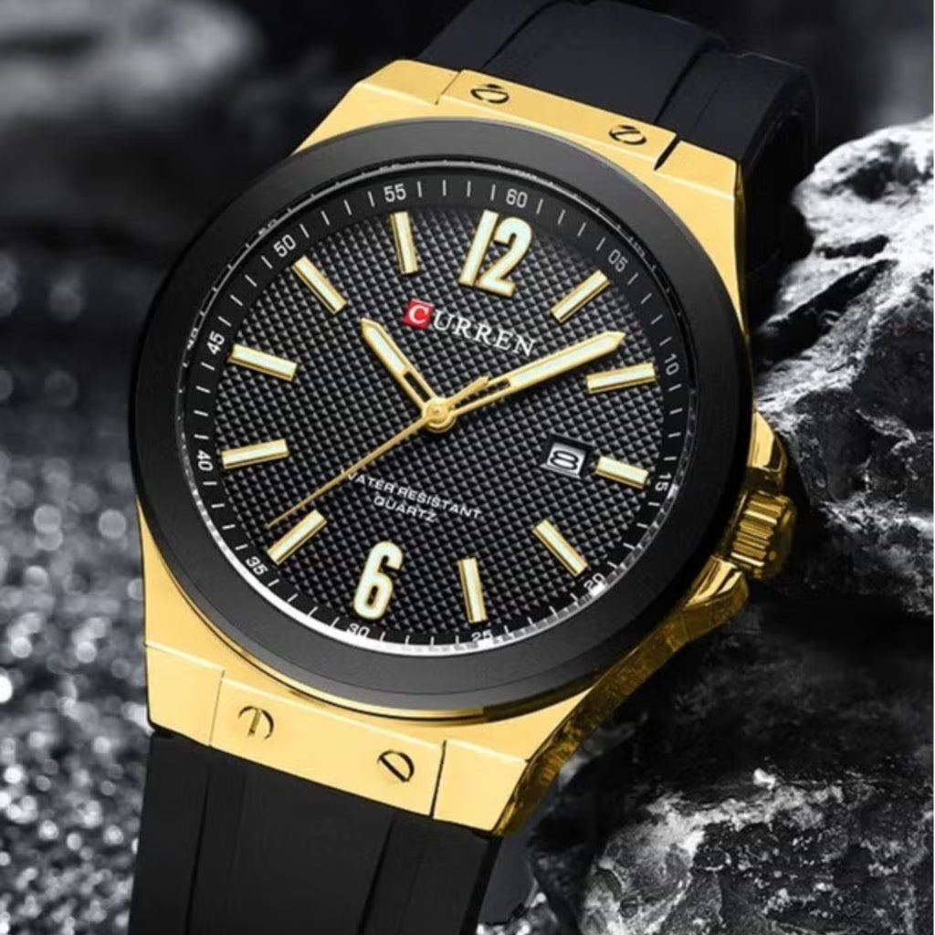 CURREN 8467 Men Watch Waterproof Quartz Silicone Strap Black and Gold