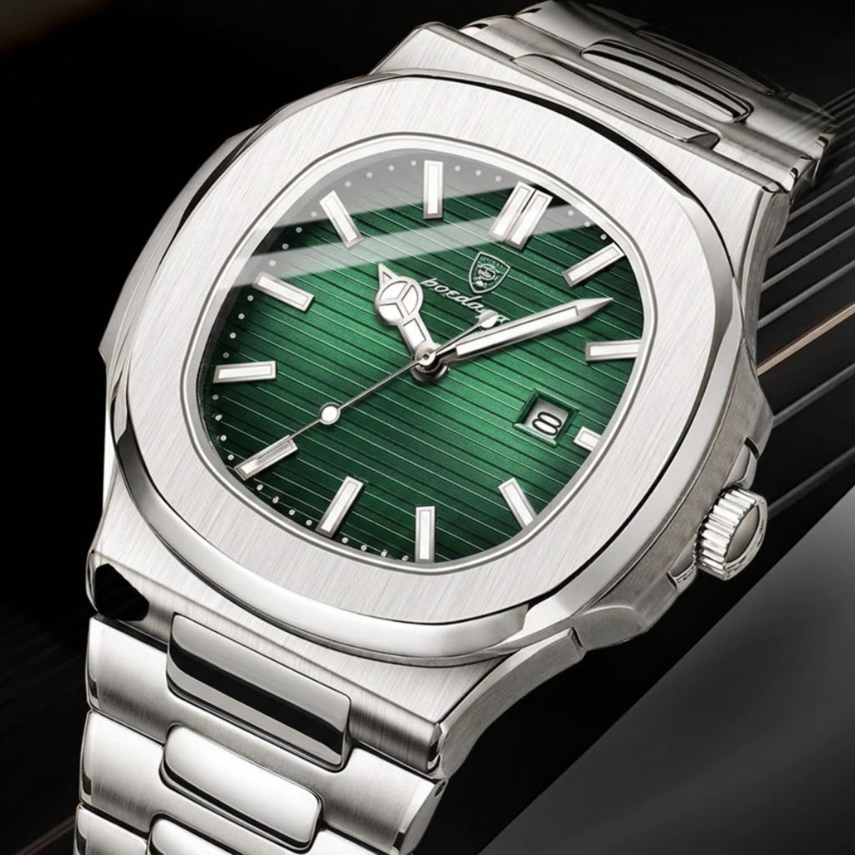 Poedagar 613 Men’s Luxury Stainless Steel Watch – Waterproof Quartz Wristwatch with Luminous Green Dial