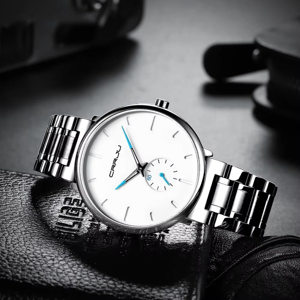 CRRJU 2150 Luxury Quartz Watch – Premium Stainless Steel Band, Casual Black Wristwatch for Men White