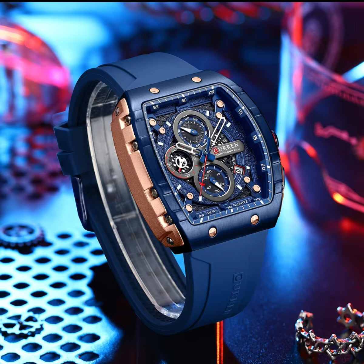 CURREN 8442 Tonneau Dial Sport Watch for Men Waterproof Quartz Blue Silicone Strap