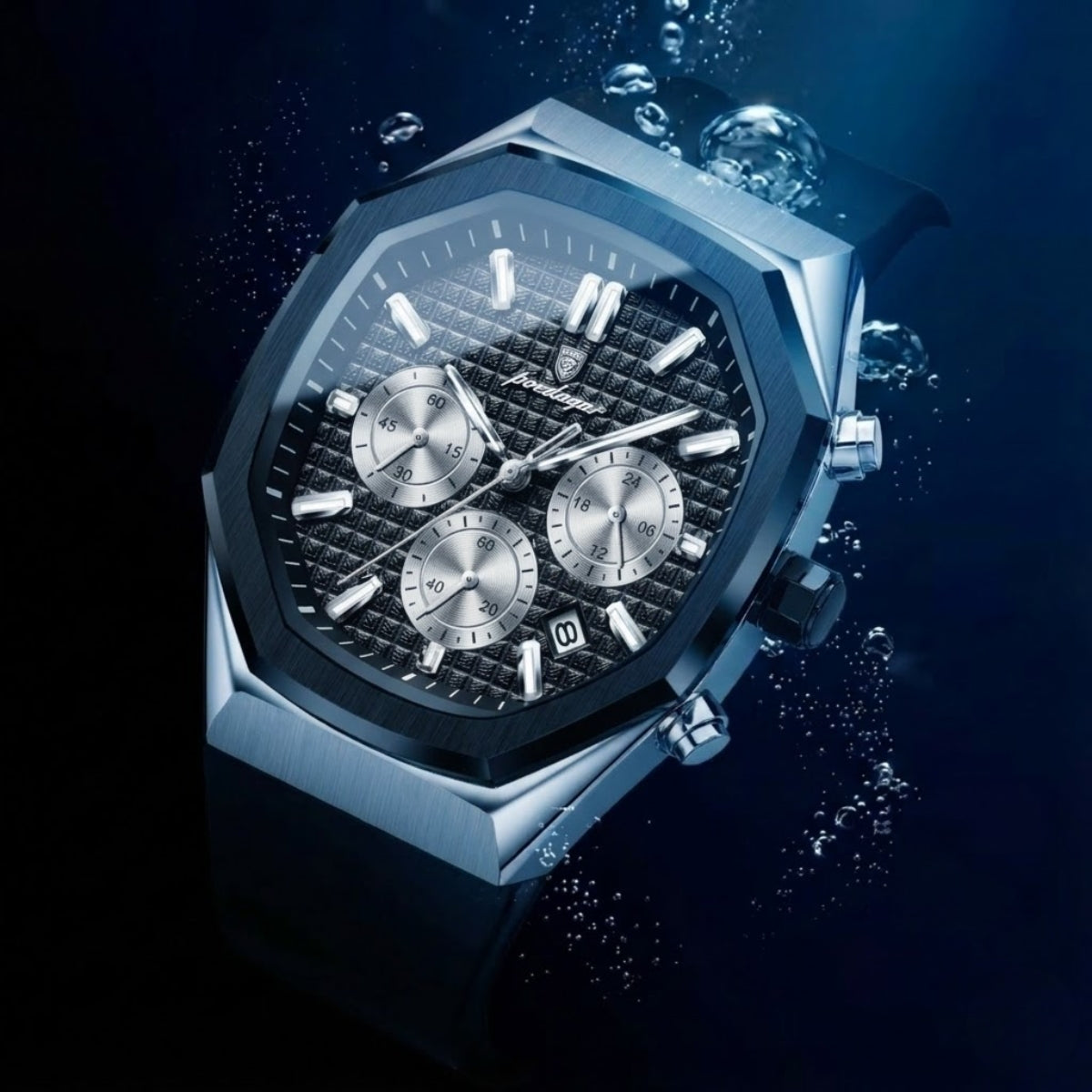 POEDAGAR 893 Elite Sports: Luxury Men’s Chronograph – High-Performance Silicone Strap, Waterproof & Luminous Quartz Movement Silver Black