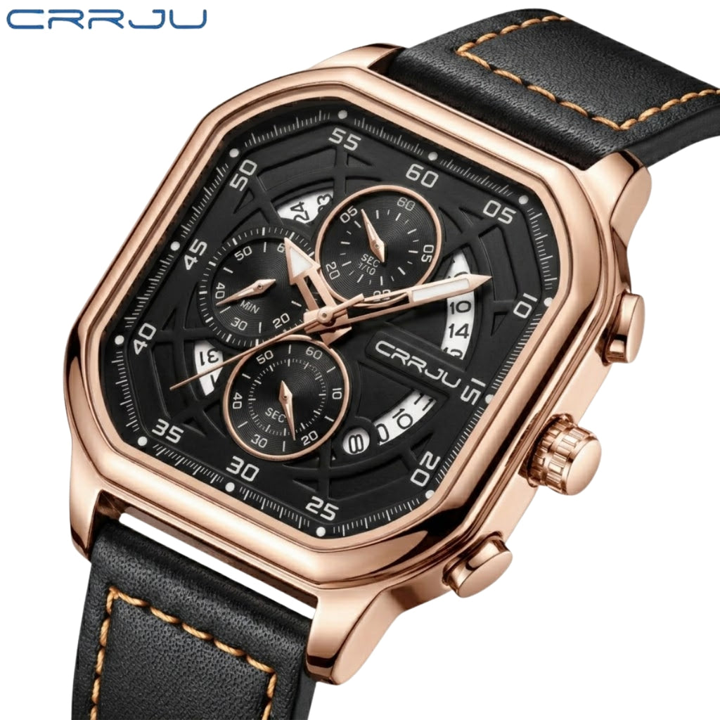 CRRJU 2314 Men’s Luxury Chronograph Watch – 3ATM Waterproof, Luminous Hands, Complete Calendar, Fashion Wristwatch Black