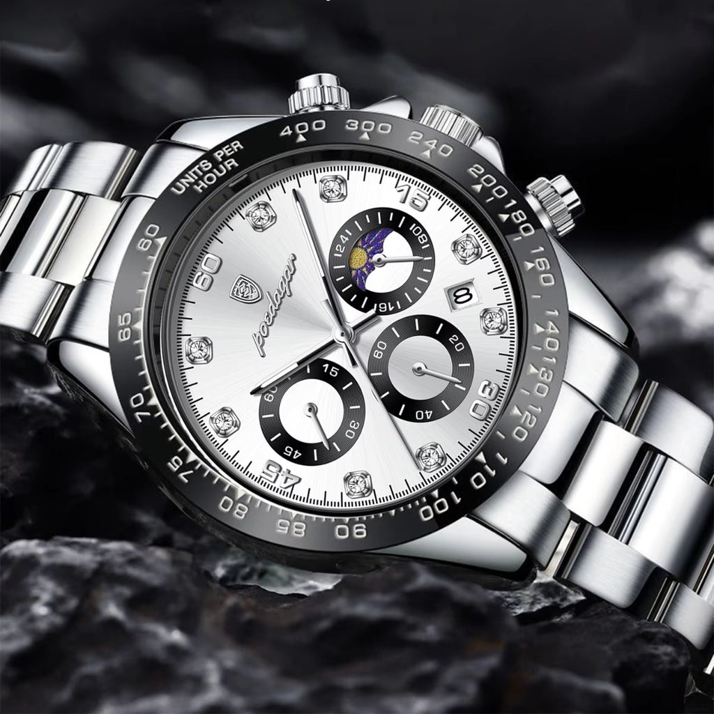 POEDAGAR 629 Men’s Luxury Sport Watch – Stainless Steel Chronograph Quartz with Luminous Date & Waterproof Silver