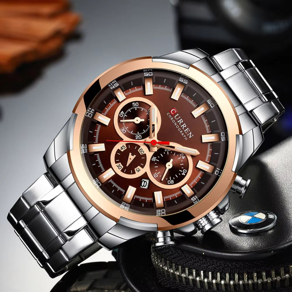 CURREN 8361 Men’s Luxury Chronograph Stainless Steel Waterproof Quartz Sports Watch with Date Silver and Brown