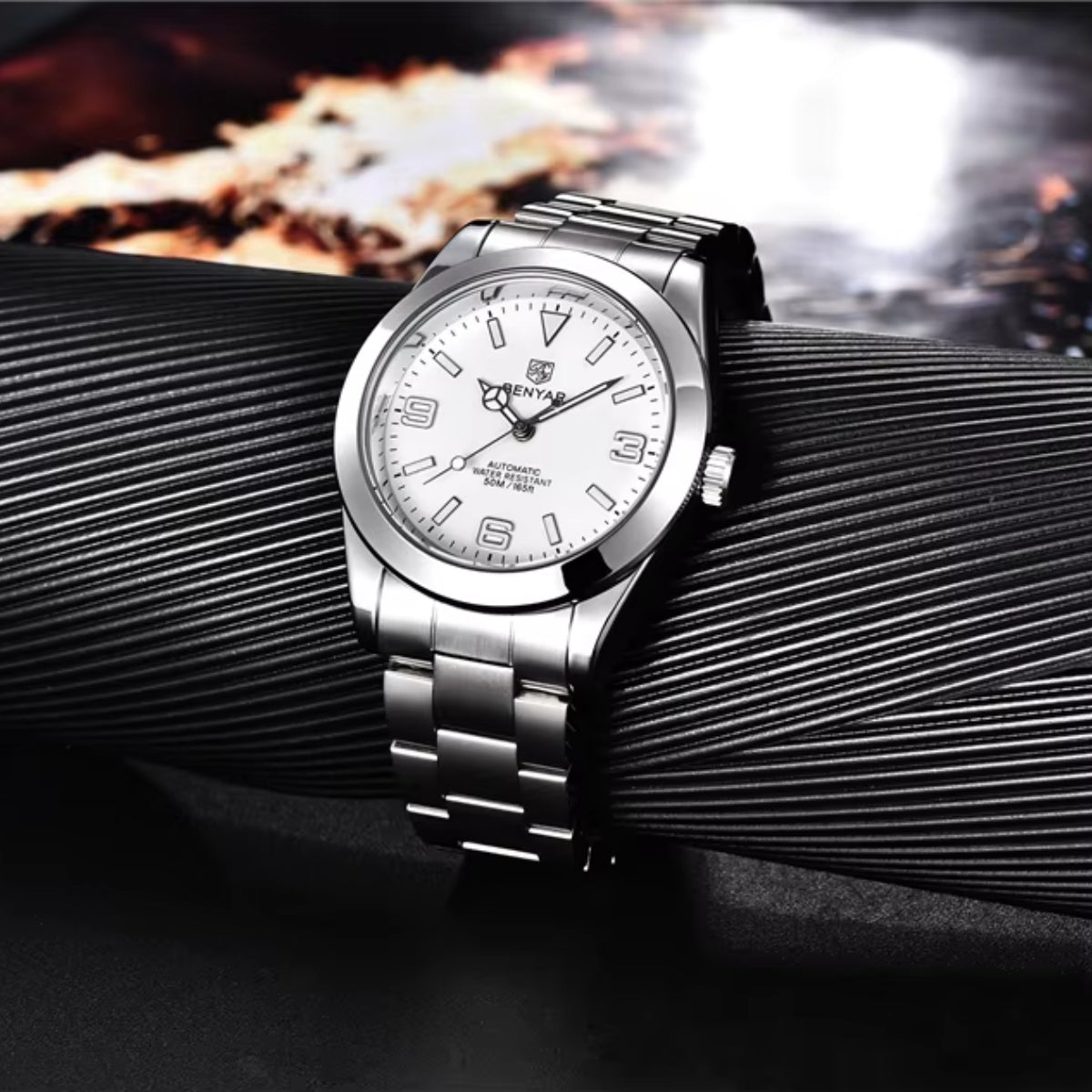 BENYAR 5177 Men’s Automatic Mechanical Watch - White Dial Stainless Steel Strap