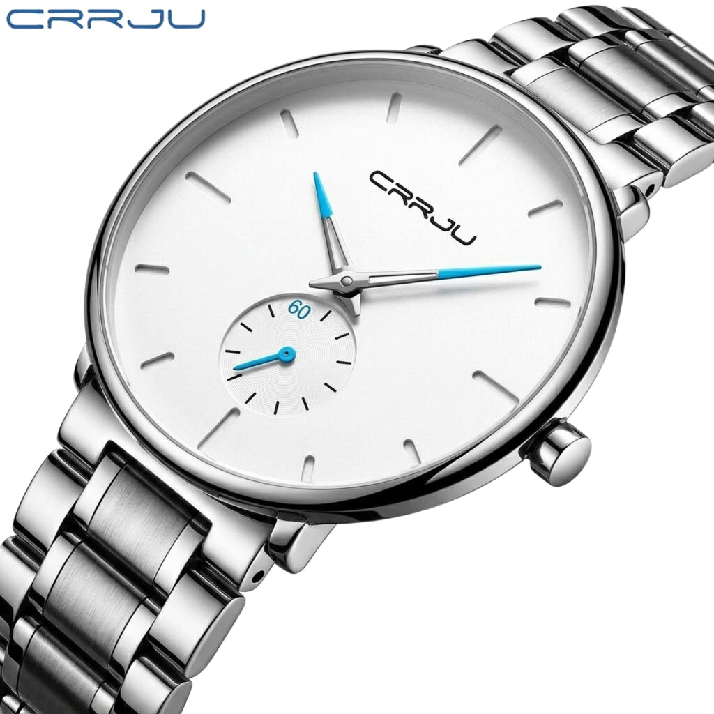 CRRJU 2150 Luxury Quartz Watch – Premium Stainless Steel Band, Casual Black Wristwatch for Men White