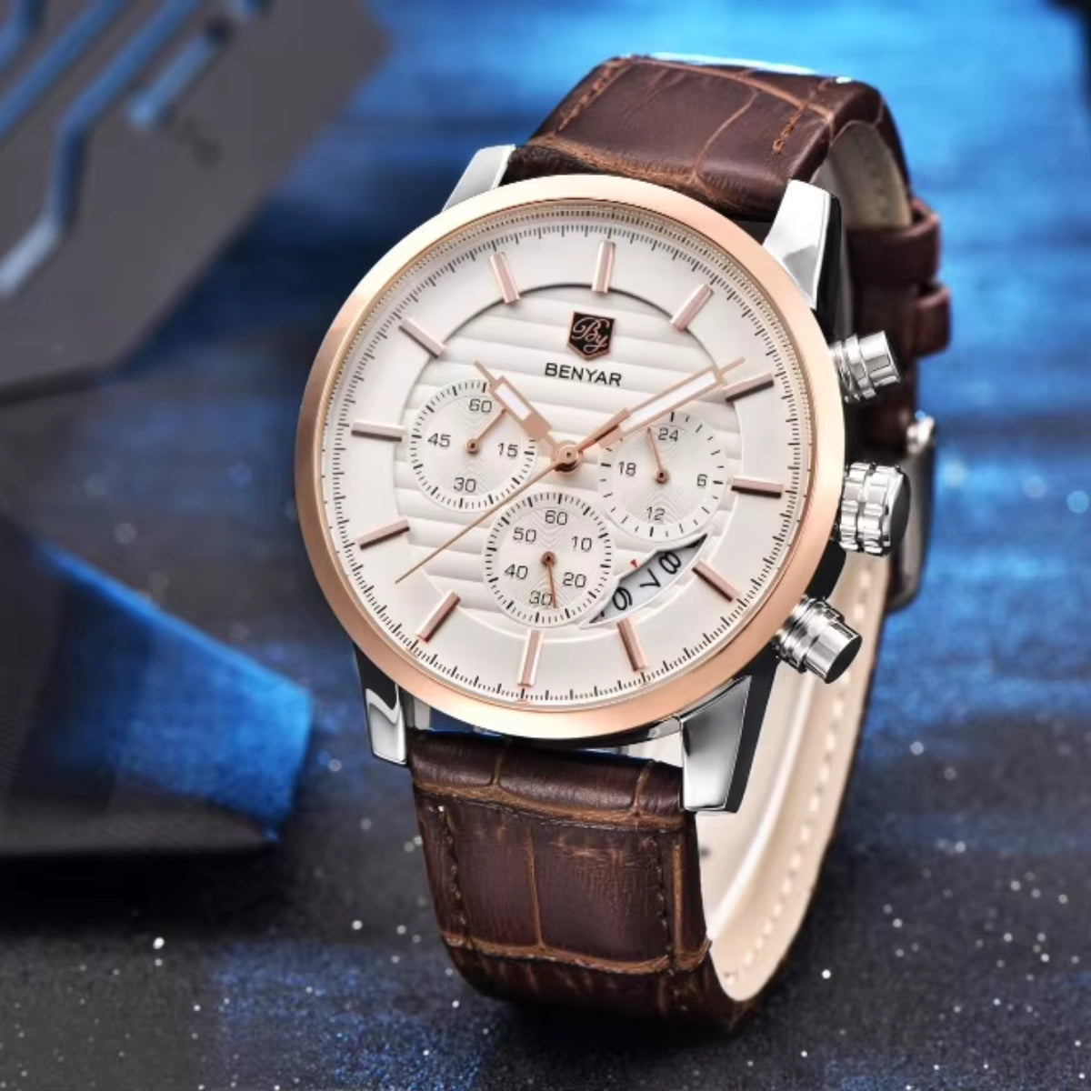 BENYAR 5104 Men’s Business Three Chronograph Sub Dial Watch Gold and White Leather Strap
