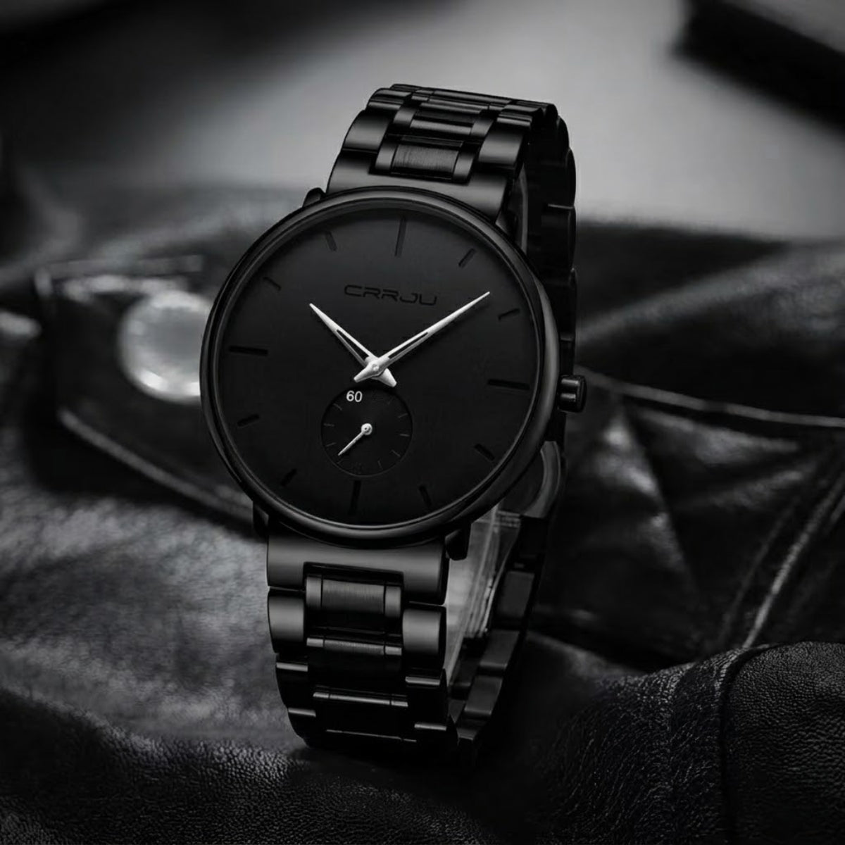 CRRJU 2150 Luxury Quartz Watch – Premium Stainless Steel Band, Casual Black Wristwatch for Men Black Silver