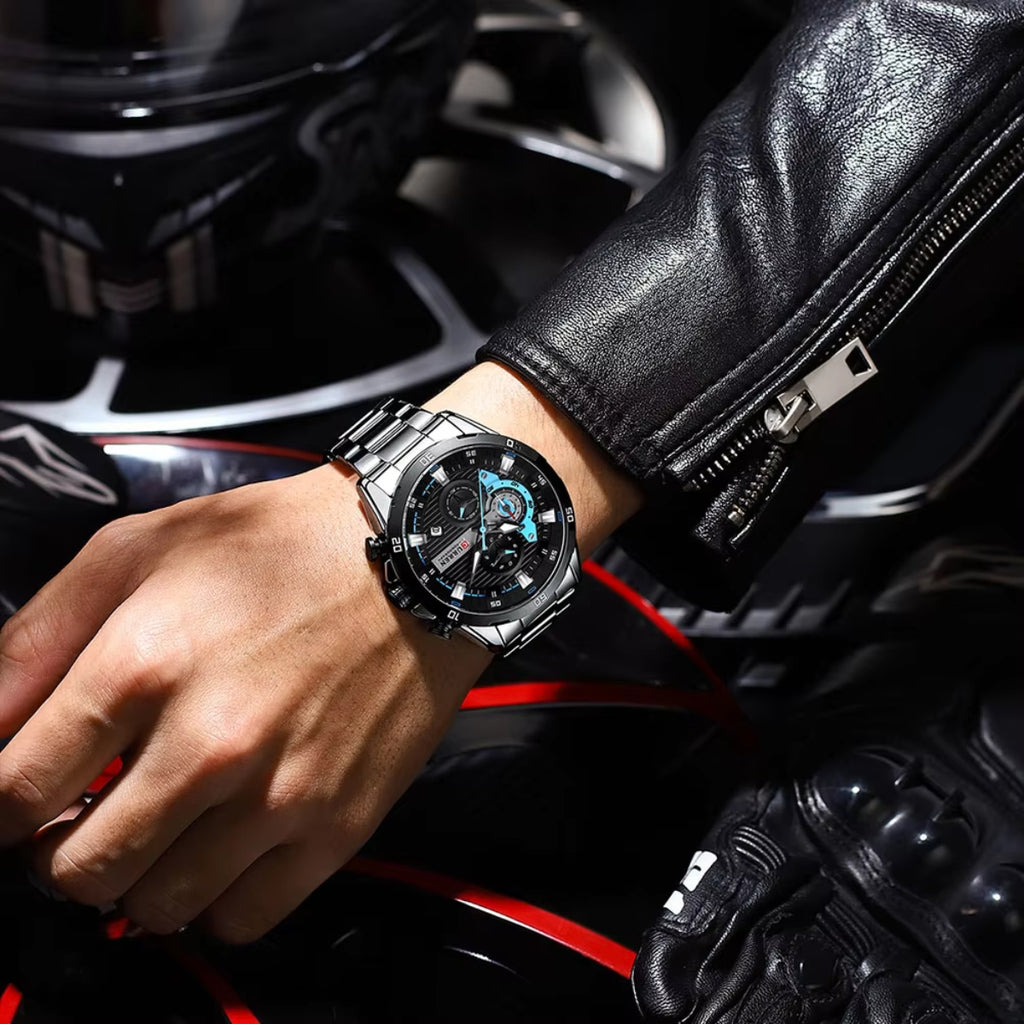 CURREN 8402 Men Watch Quartz Stainless Steel Chronograph Waterproof Wrist Watch Luminous Sport Black Dial
