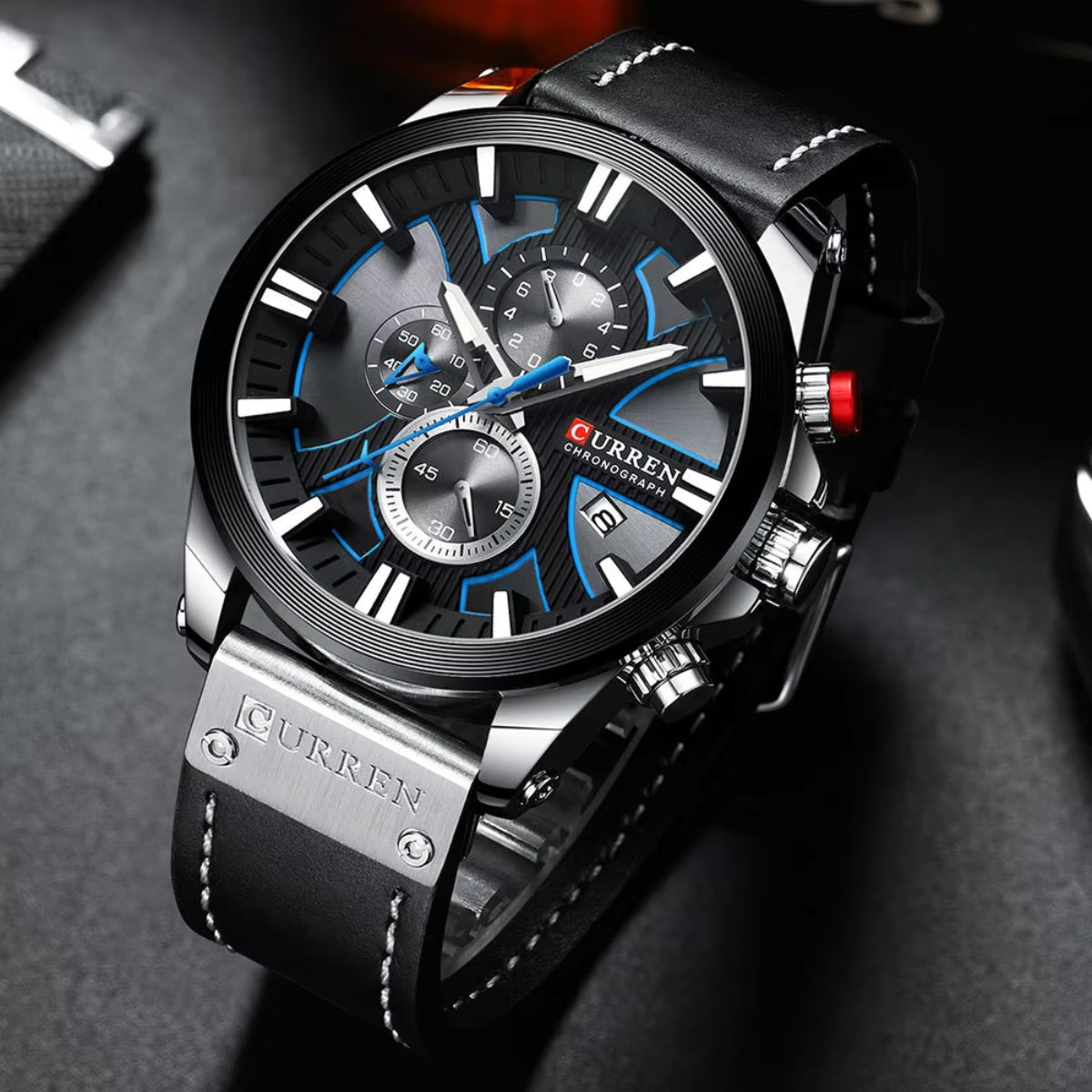 Curren 8346 Men Watch Chronograph Quartz Leather Black