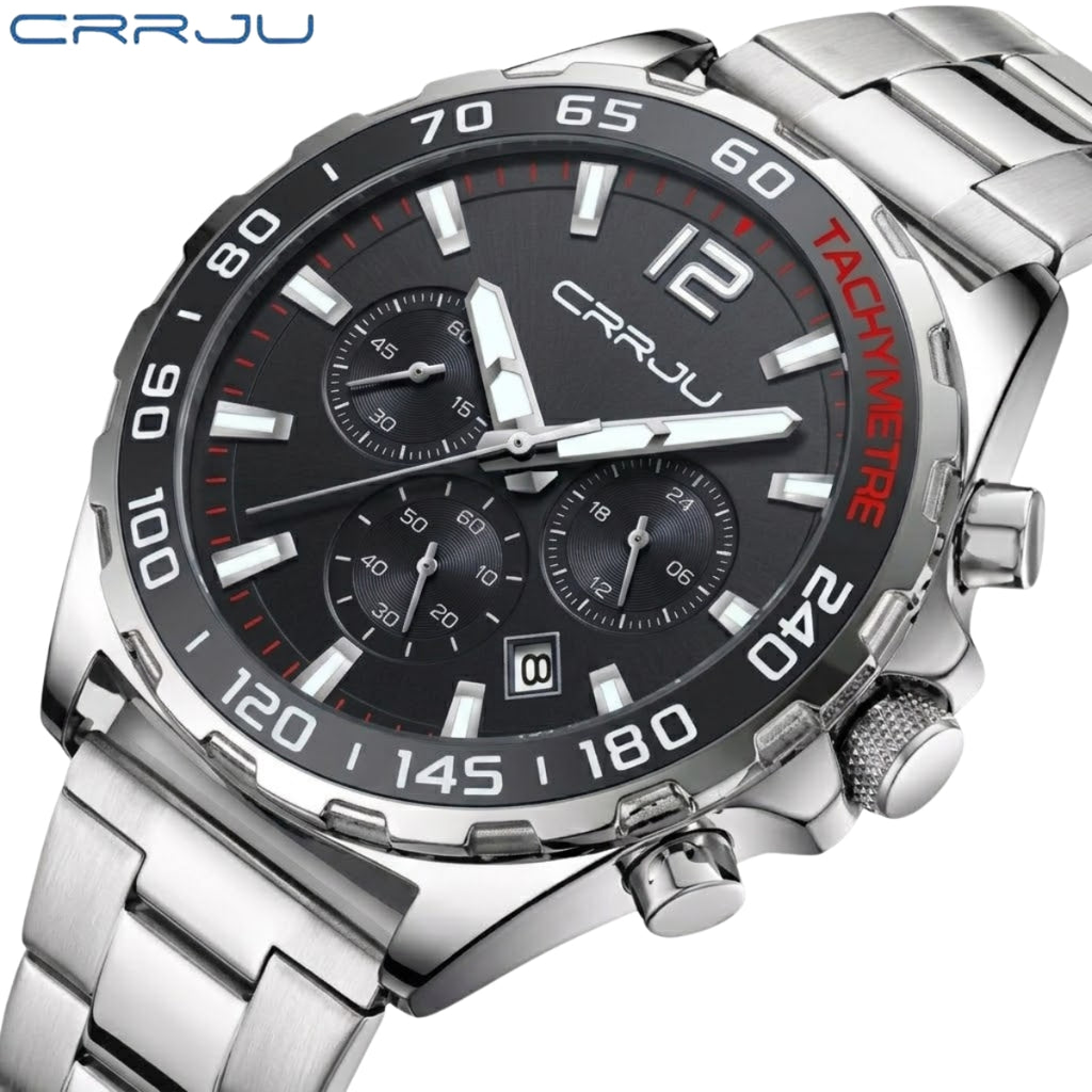 CRRJU 2299 Luxury Chronograph Watch – Premium Stainless Steel Bracelet, Elegant Business Wristwatch for Men Black Silver