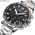 CRRJU 2299 Luxury Chronograph Watch – Premium Stainless Steel Bracelet, Elegant Business Wristwatch for Men Black Silver