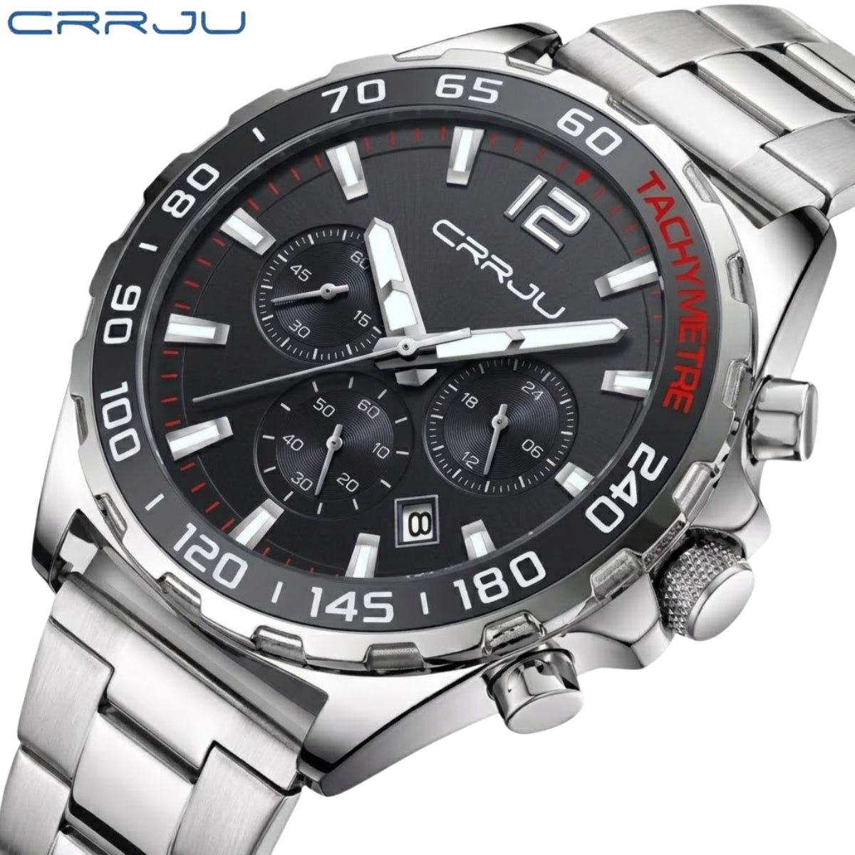 CRRJU 2299 Luxury Chronograph Watch – Premium Stainless Steel Bracelet, Elegant Business Wristwatch for Men Black Silver
