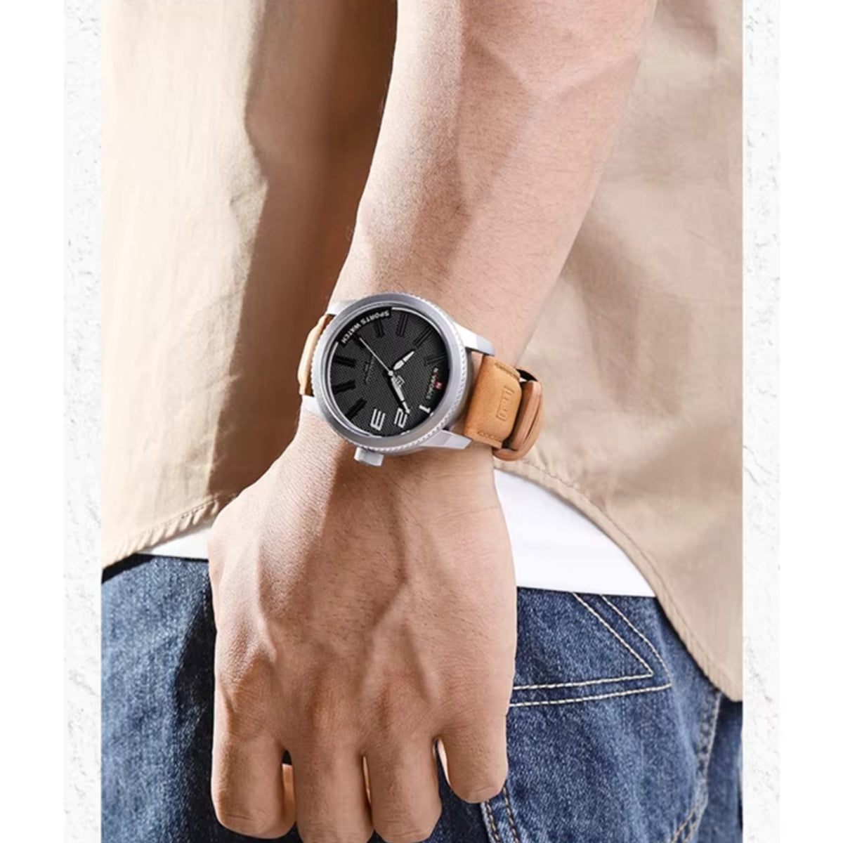NAVIFORCE 9202L Men’s Fashion Quartz Watch – Waterproof Analog Sport Wristwatch with Leather Strap & Date  Brown and Silver