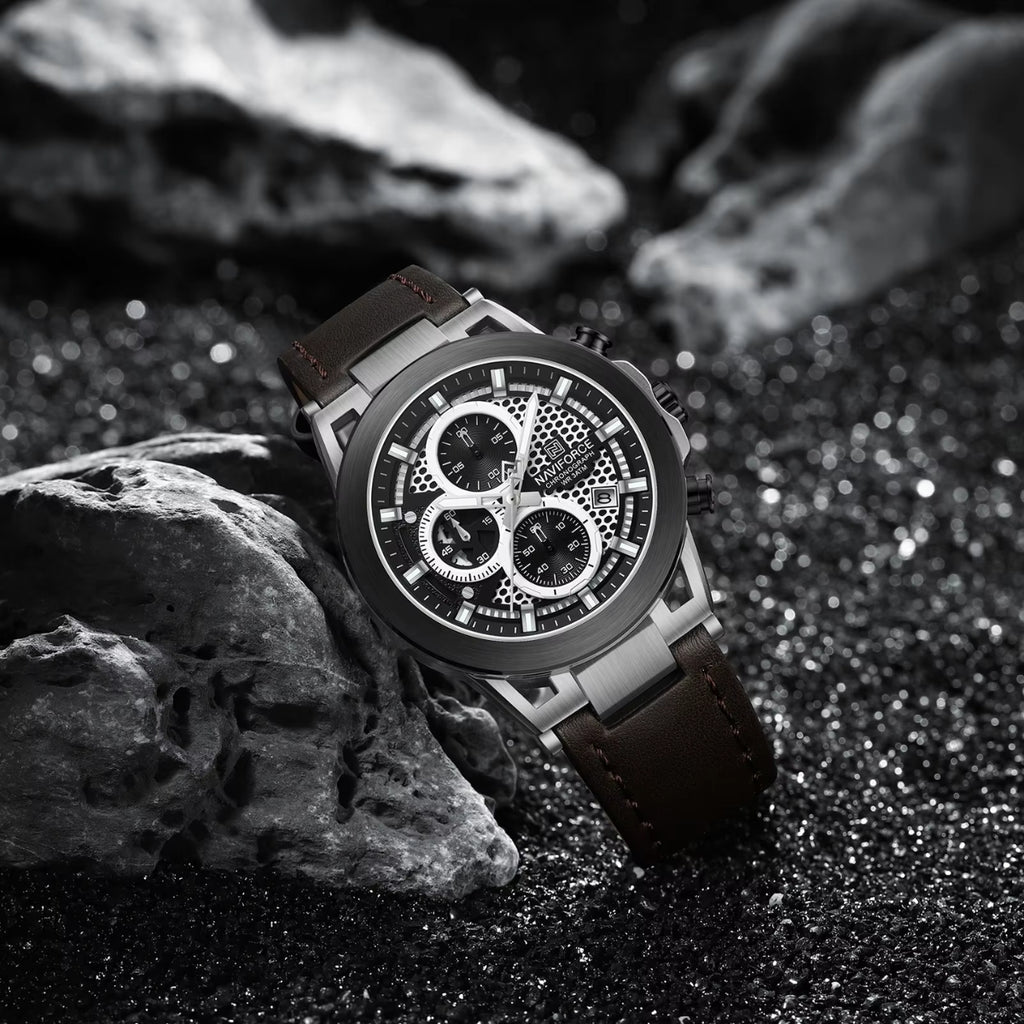 NAVIFORCE 8073 Men’s Skeleton Watch – Original Brand Quartz Wristwatch with Leather Strap & Chronograph
