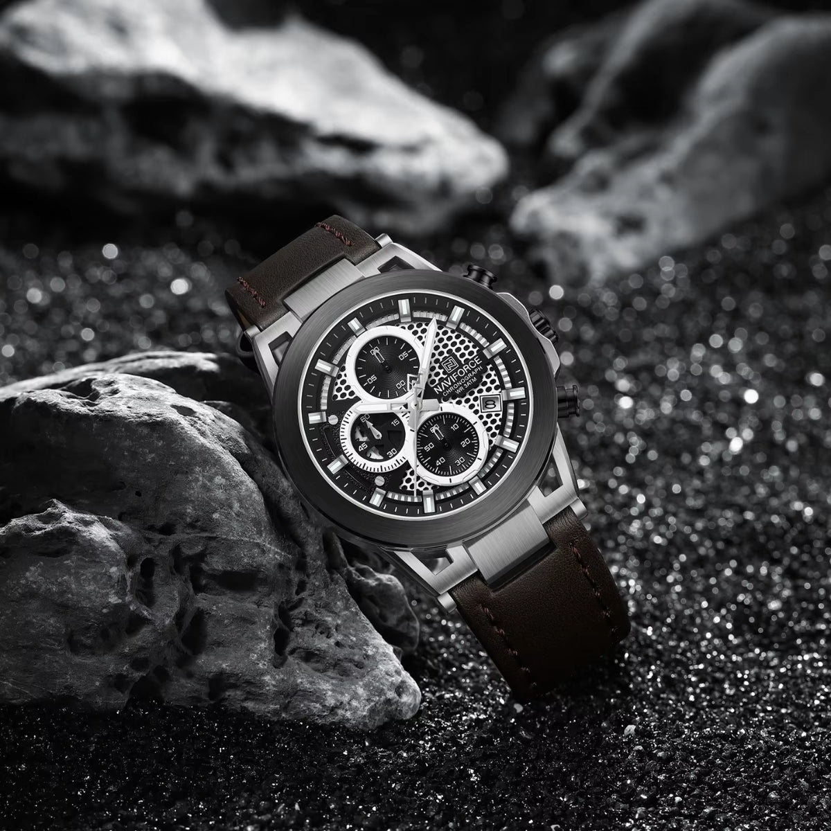 NAVIFORCE 8073 Men’s Skeleton Watch – Original Brand Quartz Wristwatch with Leather Strap & Chronograph