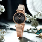 Hannah Martin 1561 Women’s Retro Fashion Watch – Simple European Style Light Luxury Round Quartz Wristwatch Rose Gold and Black