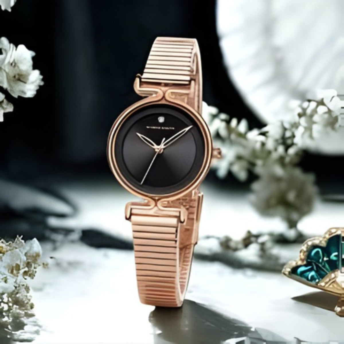 Hannah Martin 1561 Women’s Retro Fashion Watch – Simple European Style Light Luxury Round Quartz Wristwatch Rose Gold and Black