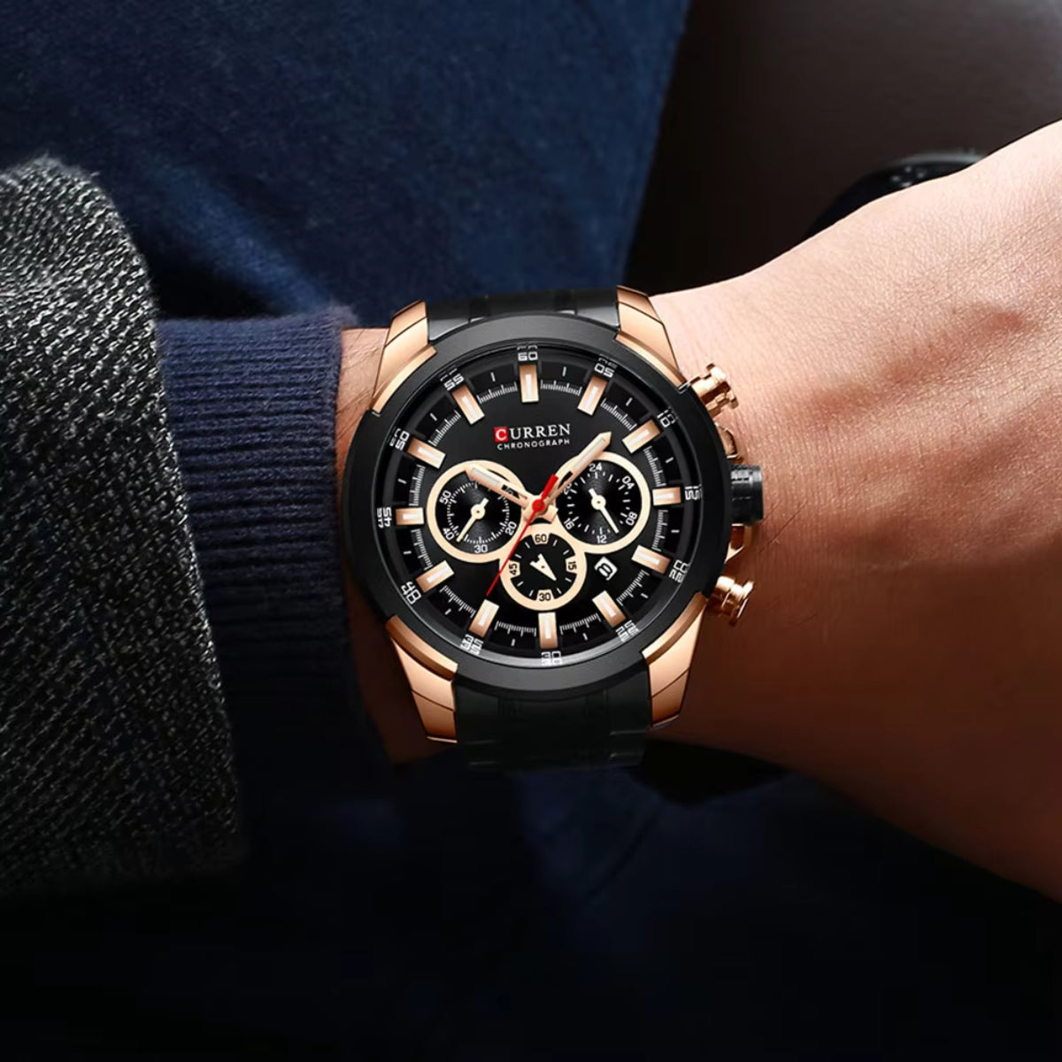 CURREN 8361 Men’s Luxury Chronograph Stainless Steel Waterproof Quartz Sports Watch with Date Black