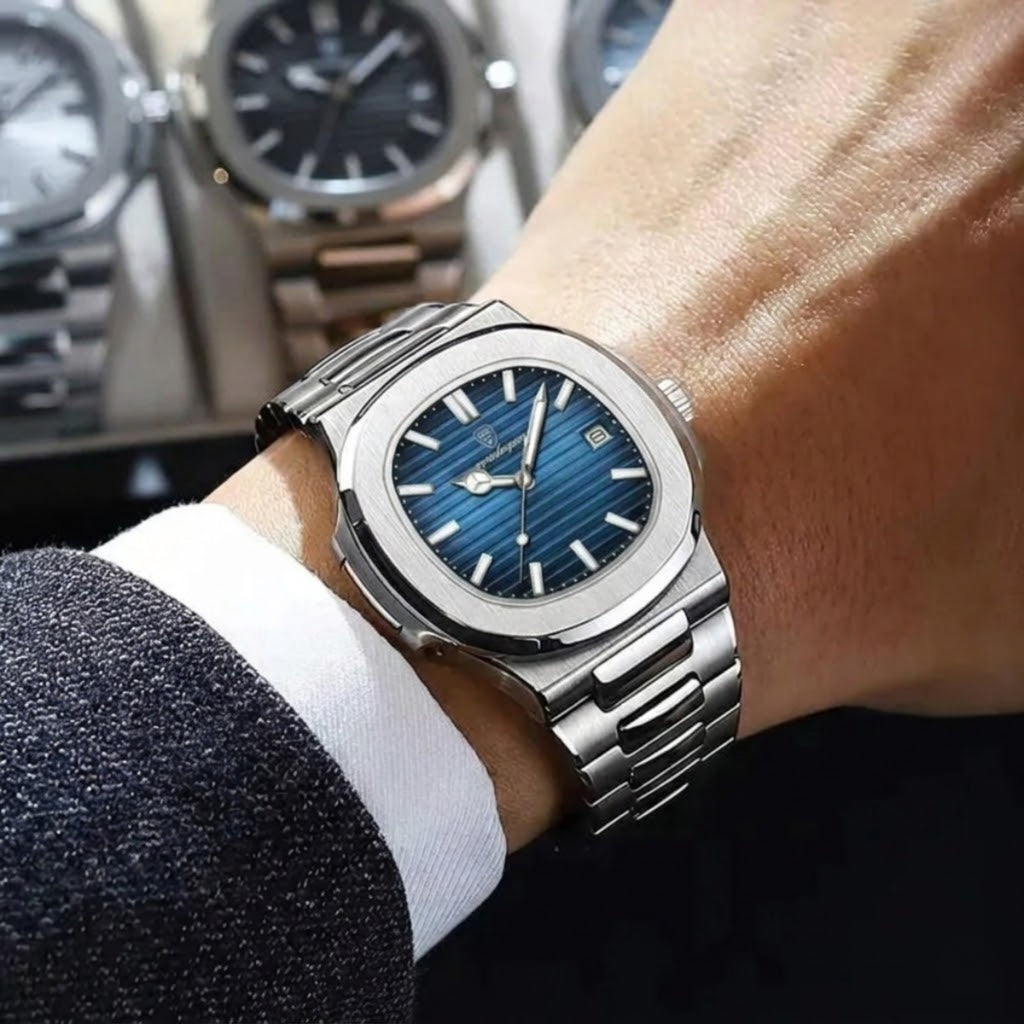 Poedagar 613 Men’s Luxury Stainless Steel Watch – Waterproof Quartz Wristwatch with Luminous Blue Dial