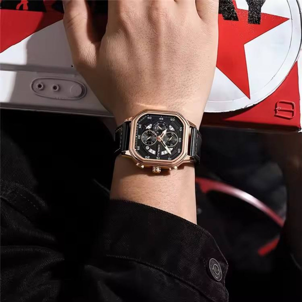 CRRJU 2314 Men’s Luxury Chronograph Watch – 3ATM Waterproof, Luminous Hands, Complete Calendar, Fashion Wristwatch Black