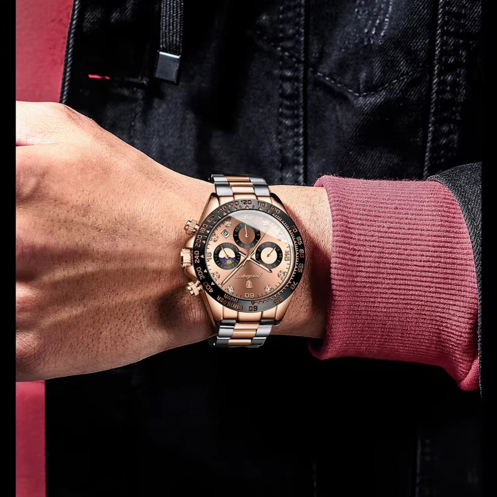 POEDAGAR 629 Men’s Luxury Sport Watch – Stainless Steel Chronograph Quartz with Luminous Date & Waterproof Rose Gold Dial